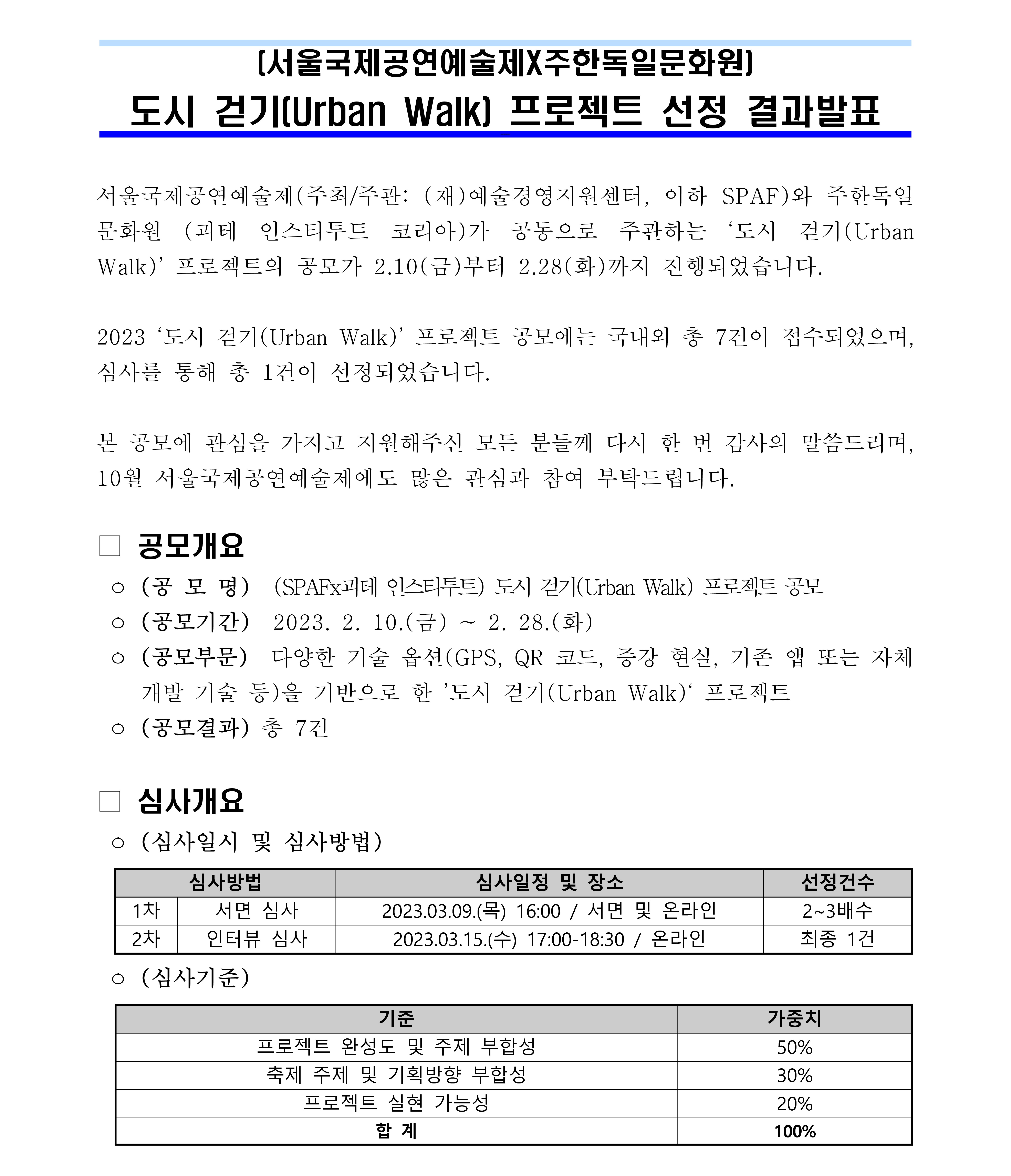 2023 서울국제공연예술제 주한독일문화원 협력 프로젝트 <도시걷기> 공모 심사 결과